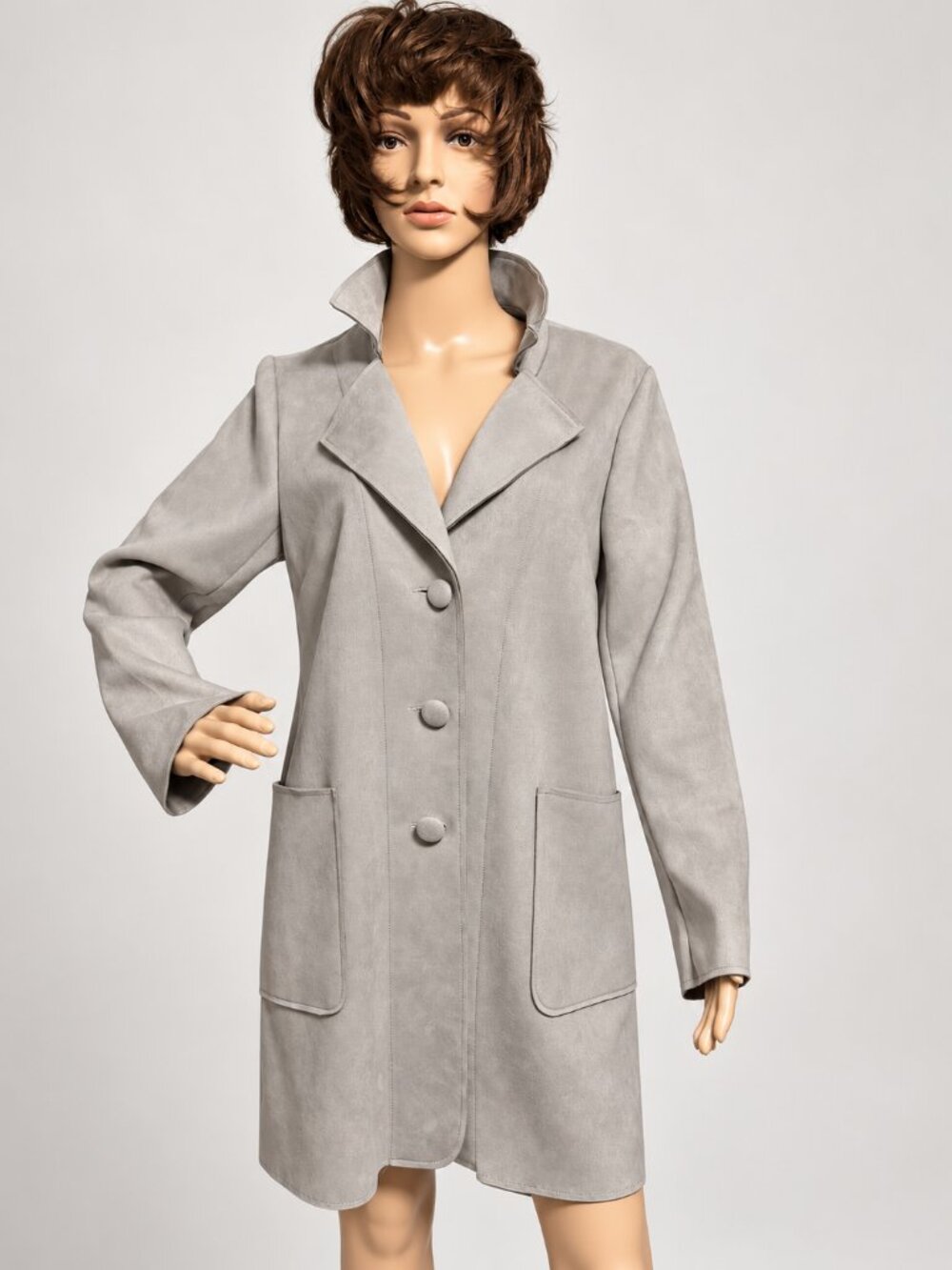 Magaschoni Women's Faux Suede Longline Coat Trench Gray SzM button Front Pockets